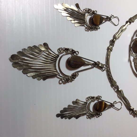Artisan jewelry set Tiger Eye silver wire bracelet necklace & earrings So boho - Picture 8 of 9